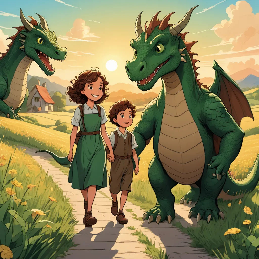 a woman and a boy are walking down a path with a dragon on the other side of them,, fantasy art, a storybook illustration, Brothers Hildebrandt, official art