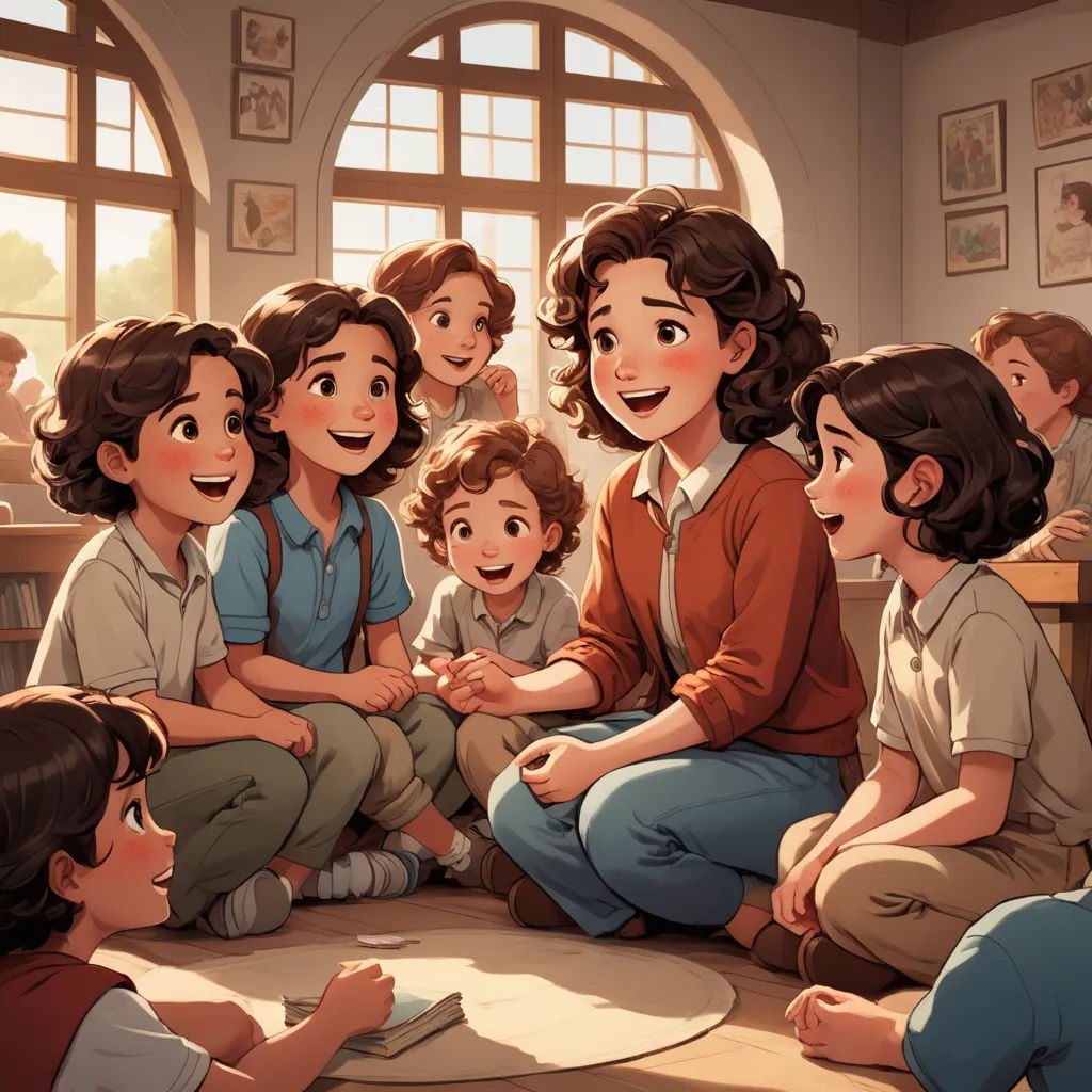 a group of children sitting on the floor in front of a woman and a boy with a book in their hands, paris school, a storybook illustration, Brothers Hildebrandt, cushart krenz