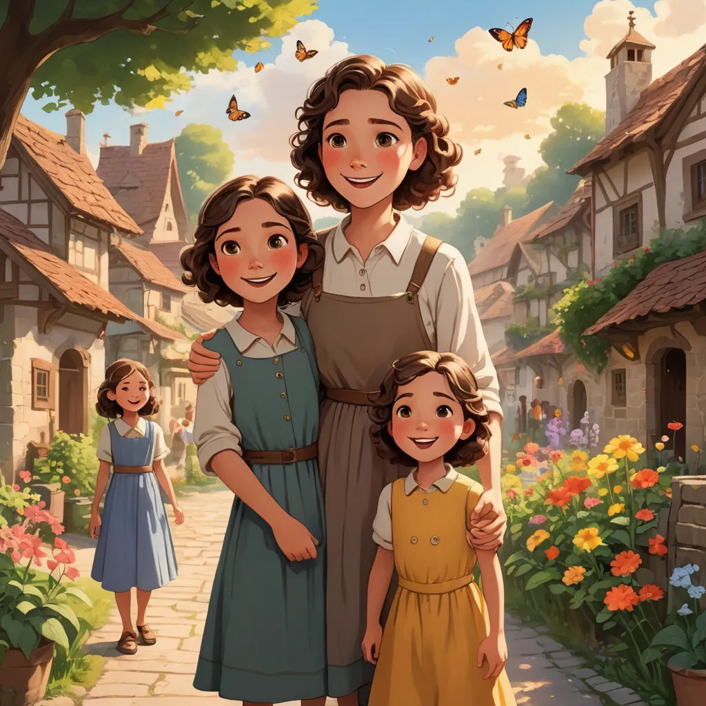 a painting of a mother and two daughters in a garden with a butterfly flying overhead and a house in the background, magical realism, a storybook illustration, Anne Said, cushart krenz