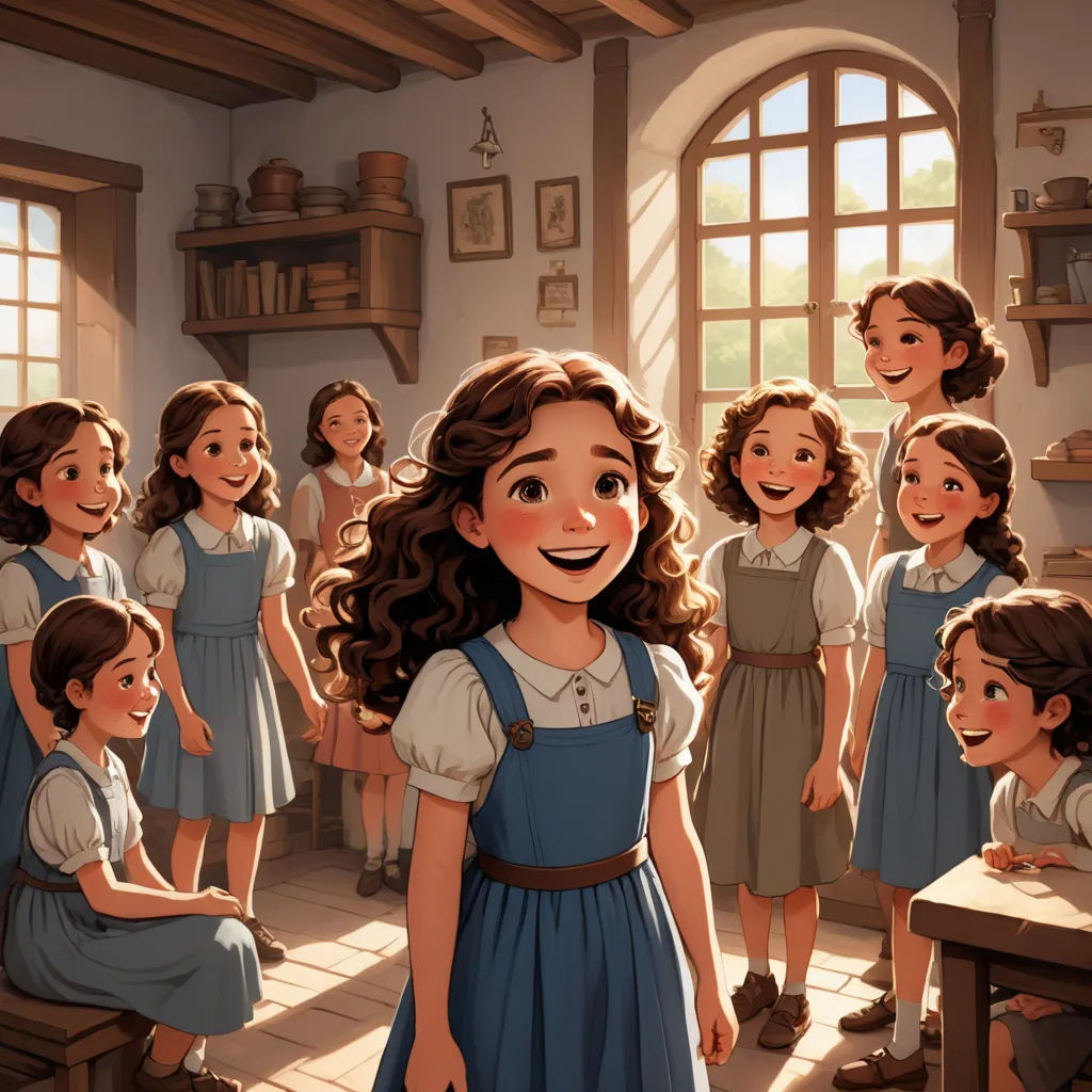 a group of children standing around a room with a girl in a blue dress smiling at the camera and a group of other children standing around, renaissance, a storybook illustration, Anne Said, rossdraws global illumination