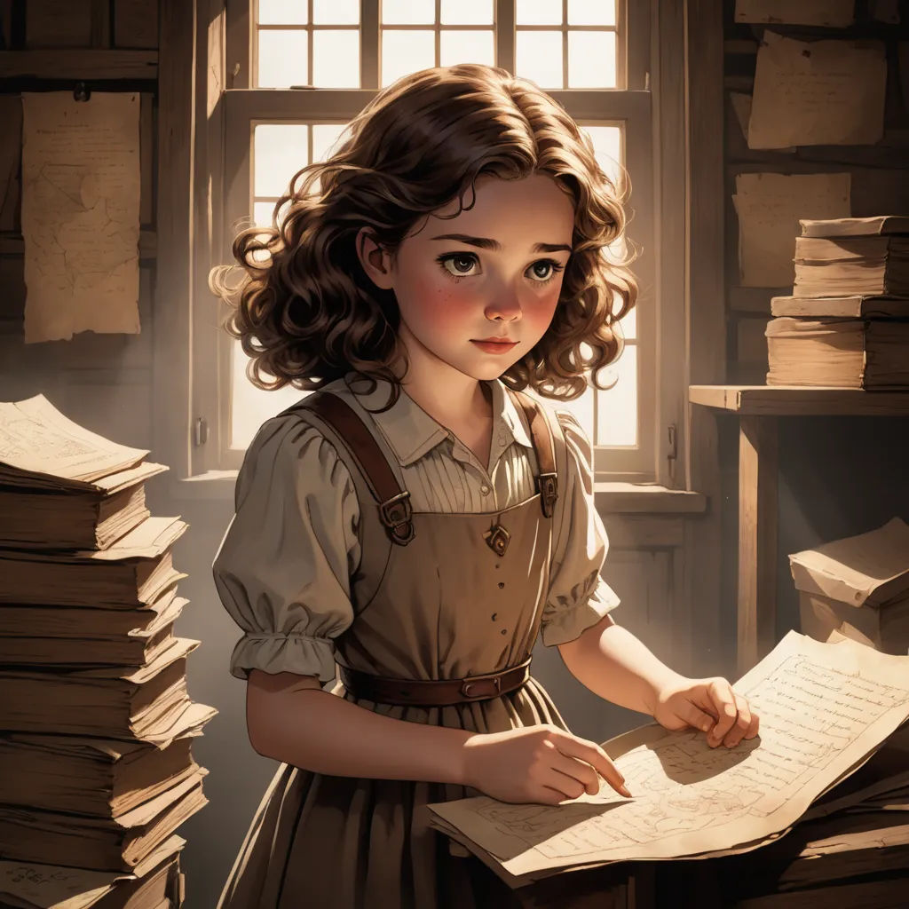 a young girl is standing in front of a pile of books and holding a pen and paper in her hand, academic art, a storybook illustration, Charlie Bowater, storybook illustration