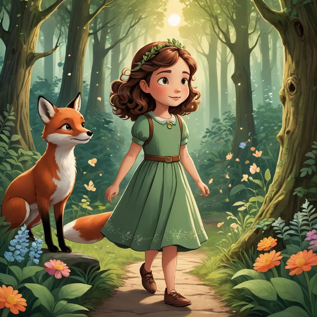 a little girl in a green dress standing in the woods with a fox in front of her and a sun shining through the trees, fantasy art, a storybook illustration, Clarice Beckett, official art