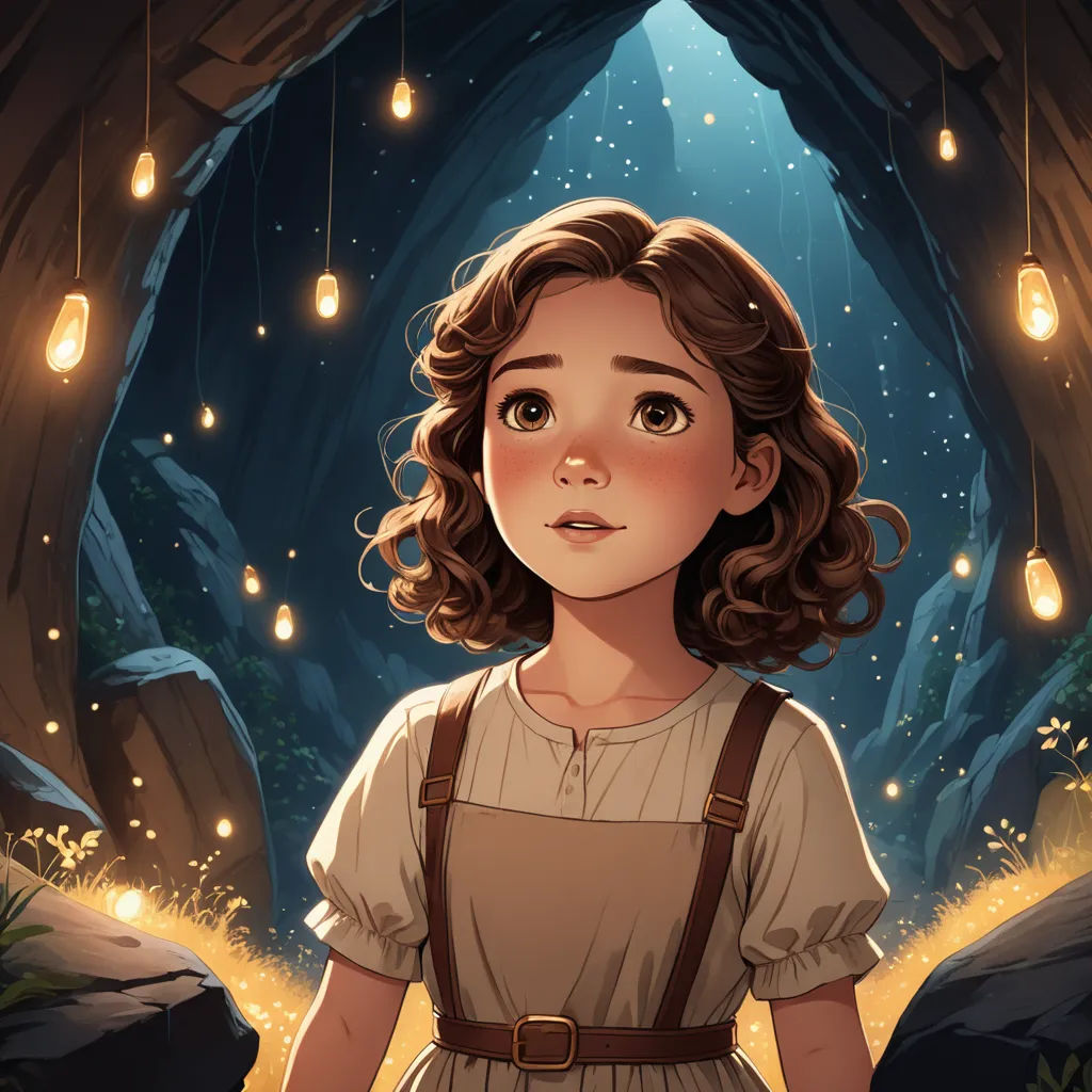 a girl in a brown dress standing in a cave with lights hanging from the ceiling and a cave entrance, fantasy art, a storybook illustration, Clarice Beckett, rossdraws global illumination