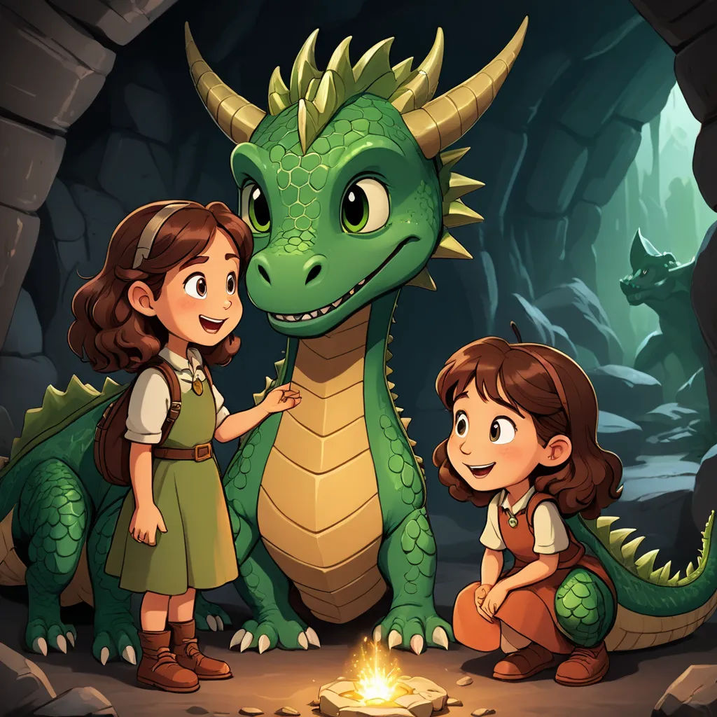 a girl and a girl are standing next to a dragon in a cave with a fire in it's mouth, sots art, a storybook illustration, Diego Gisbert Llorens, 2 d game art