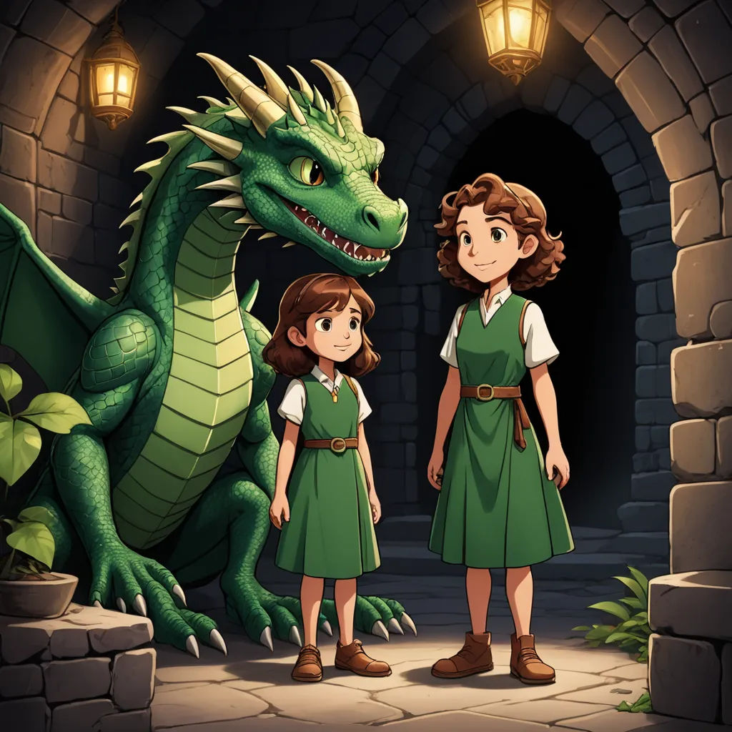 a girl and a girl standing in front of a dragon in a castle illustration by alex krapf, fantasy art, a storybook illustration, Diego Gisbert Llorens, official art