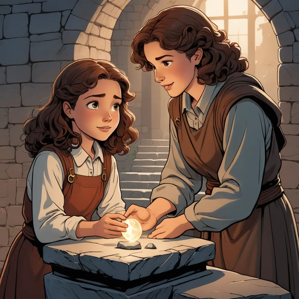 a woman and a man are standing in front of a table with a candle in it and a light shining on it, fantasy art, a storybook illustration, Brothers Hildebrandt, comic cover art