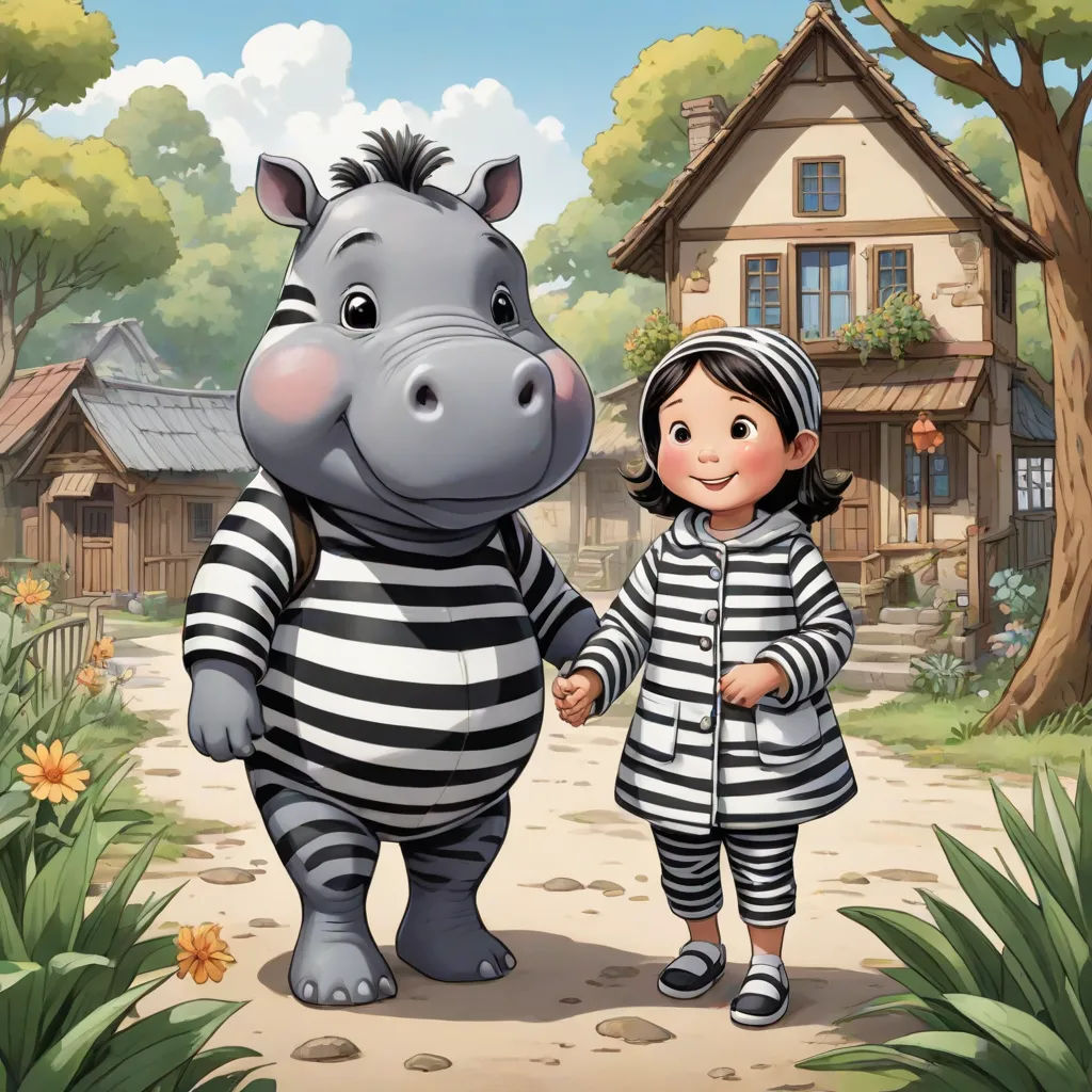 a little girl is walking with a hippo in a jail yard by a house and trees, while a cartoon hippo is holding the hand of a woman, furry art, a storybook illustration, Andries Both, storybook illustration