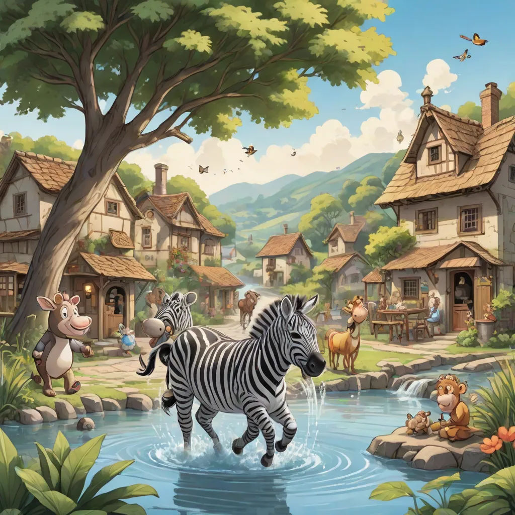 a painting of a zebra running through a river with a village in the background and a few animals in the water, american scene painting, a storybook illustration, Chris LaBrooy, storybook illustration