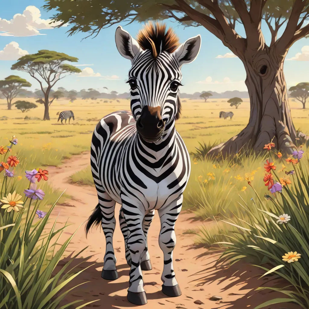 a zebra standing on a dirt road next to a tree and flowers in a field of grass and flowers, fantastic realism, an airbrush painting, Chris LaBrooy, furaffinity