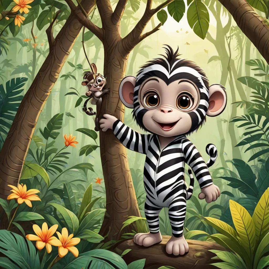 a monkey in a zebra suit in a jungle with a monkey on a branch in the foreground and a monkey on the right, primitivism, a storybook illustration, Diego Gisbert Llorens, jungle