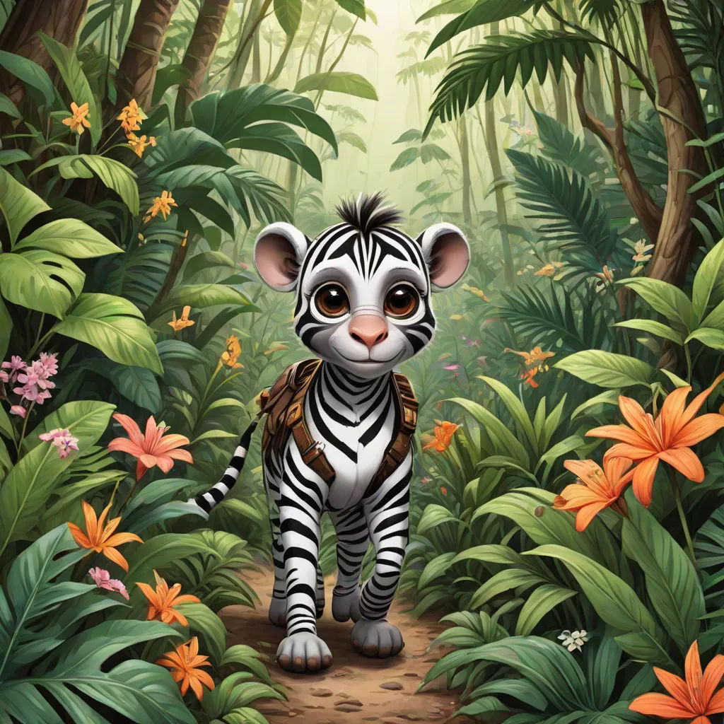 a zebra is walking through a jungle with flowers and plants around it and a bird on its back is perched on the zebra's tail, lyco art, a storybook illustration, David Martin, jungle