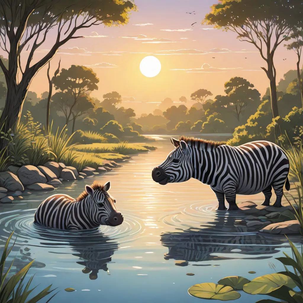 a painting of two zebras in a river at sunset with a setting sun in the background and a few trees, magic realism, a storybook illustration, Chris LaBrooy, storybook illustration