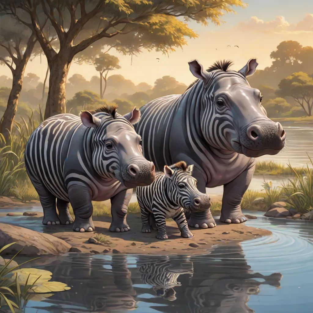 a painting of two zebras and a baby zebra by a river with trees and grass in the background, fantastic realism, an ultrafine detailed painting, Ed Binkley, highly detailed digital painting
