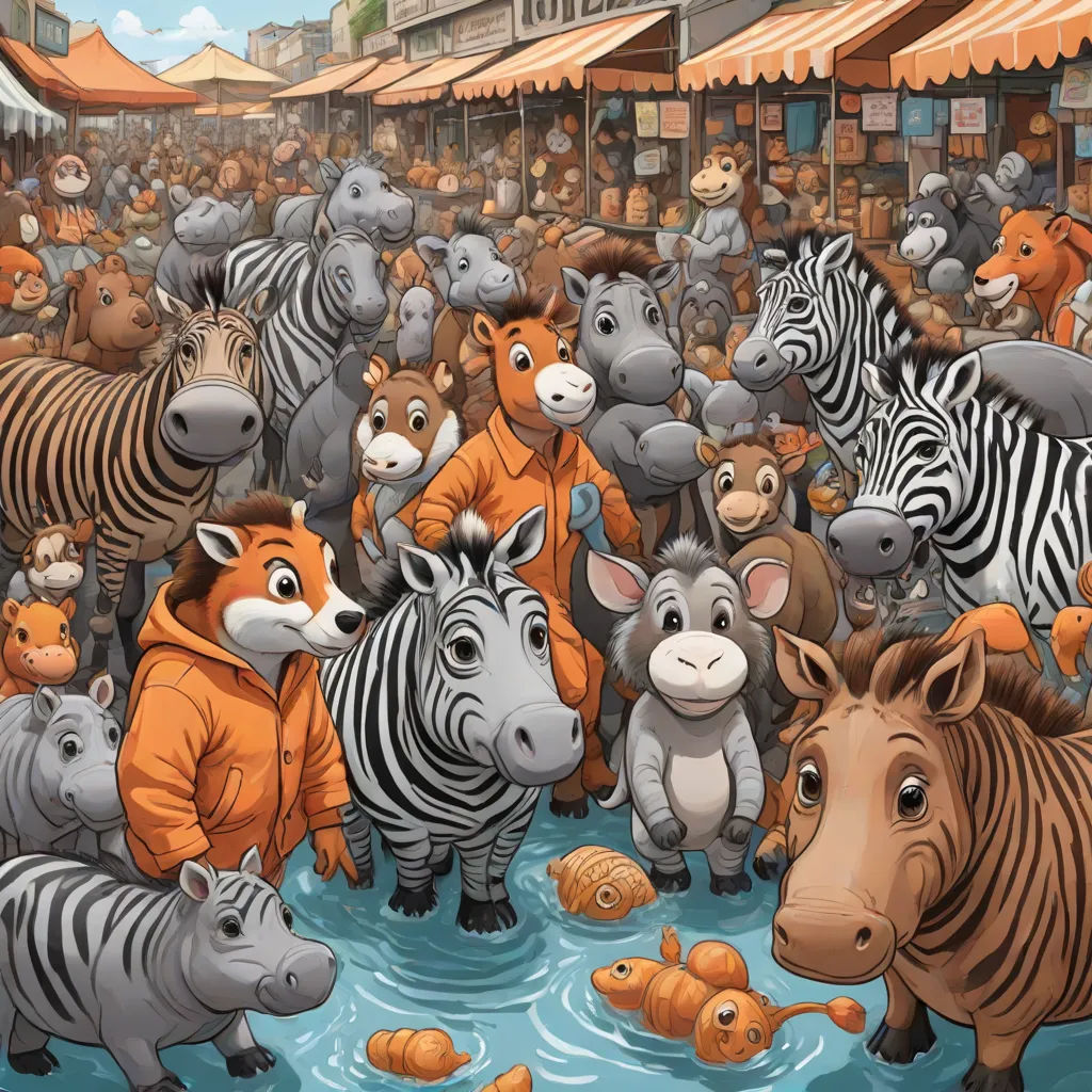 a painting of a crowd of zebras and other animals in a city square with a crowd of people, furry art, a storybook illustration, Chris LaBrooy, furaffinity
