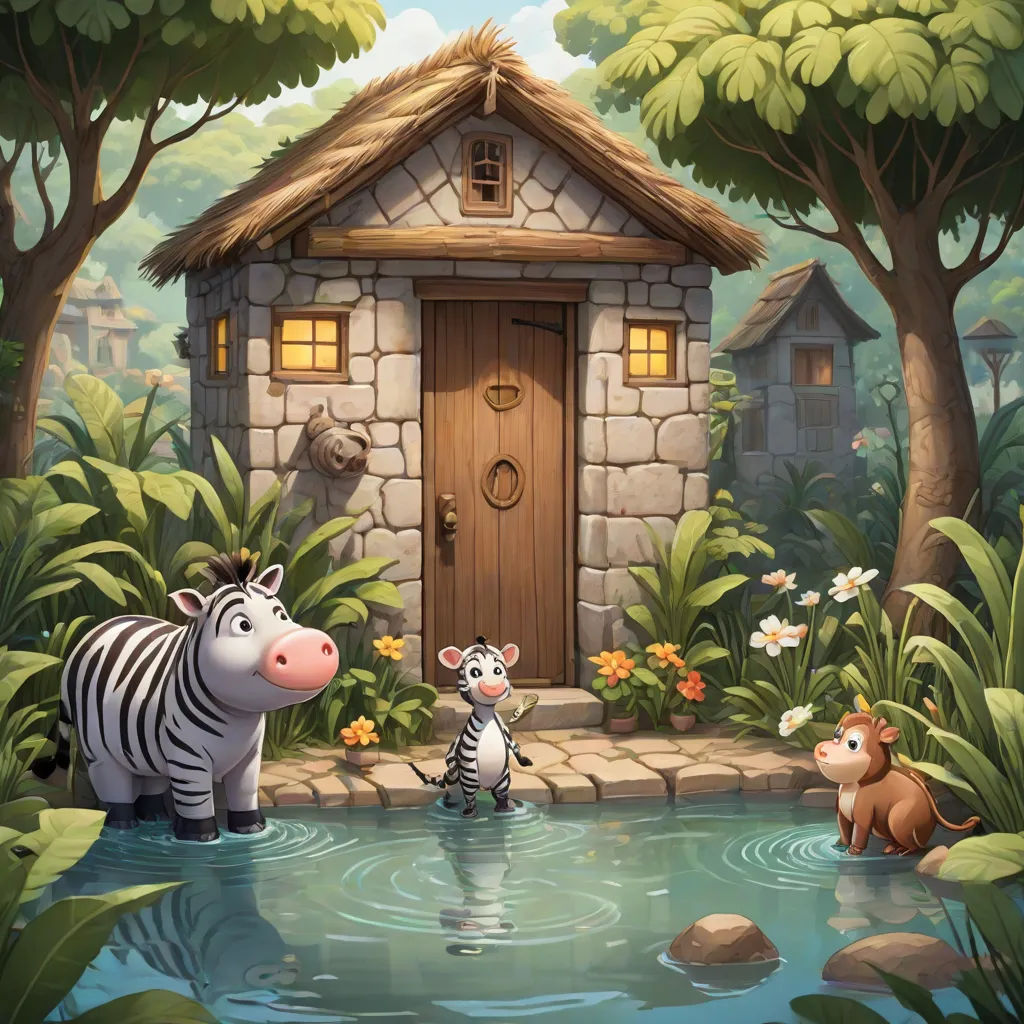 a zebra and a giraffe are in a pond near a house with a thatched roof and a stone wall, american scene painting, a storybook illustration, Chris LaBrooy, storybook illustration