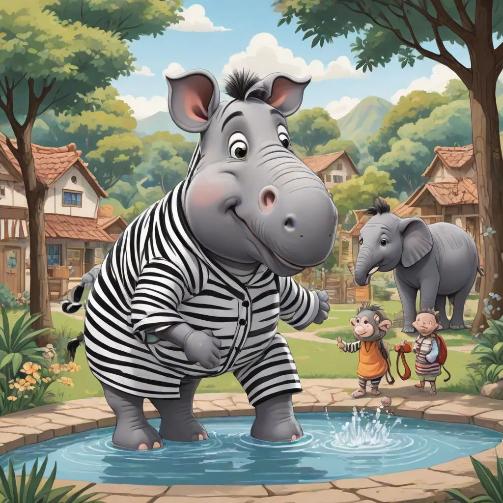a zebra and a baby elephant are in a zoo setting by a pond of water and trees and a small house, fantastic realism, a storybook illustration, Amédée Ozenfant, promotional image
