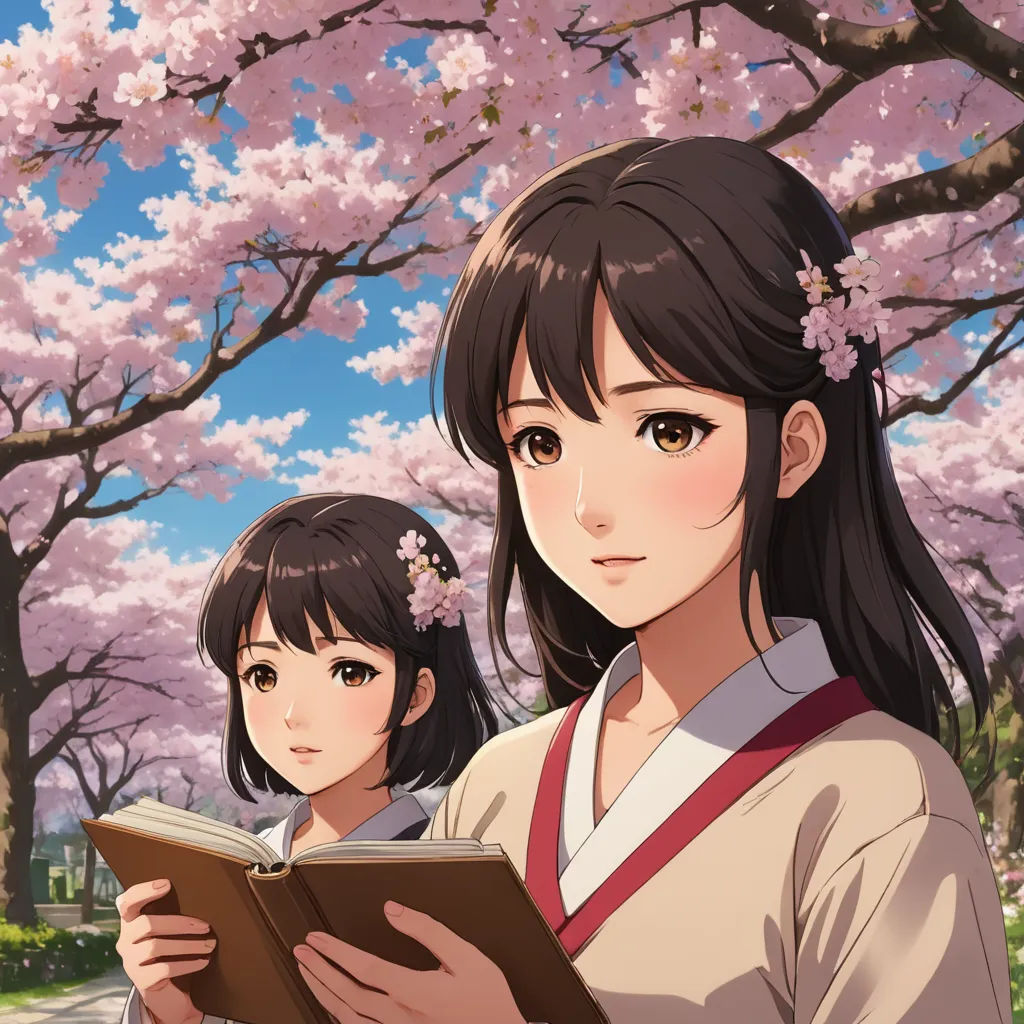two girls are standing in front of a tree with pink flowers and a book in their hands, and one girl is reading a book, sots art, concept art, Anne Said, official art