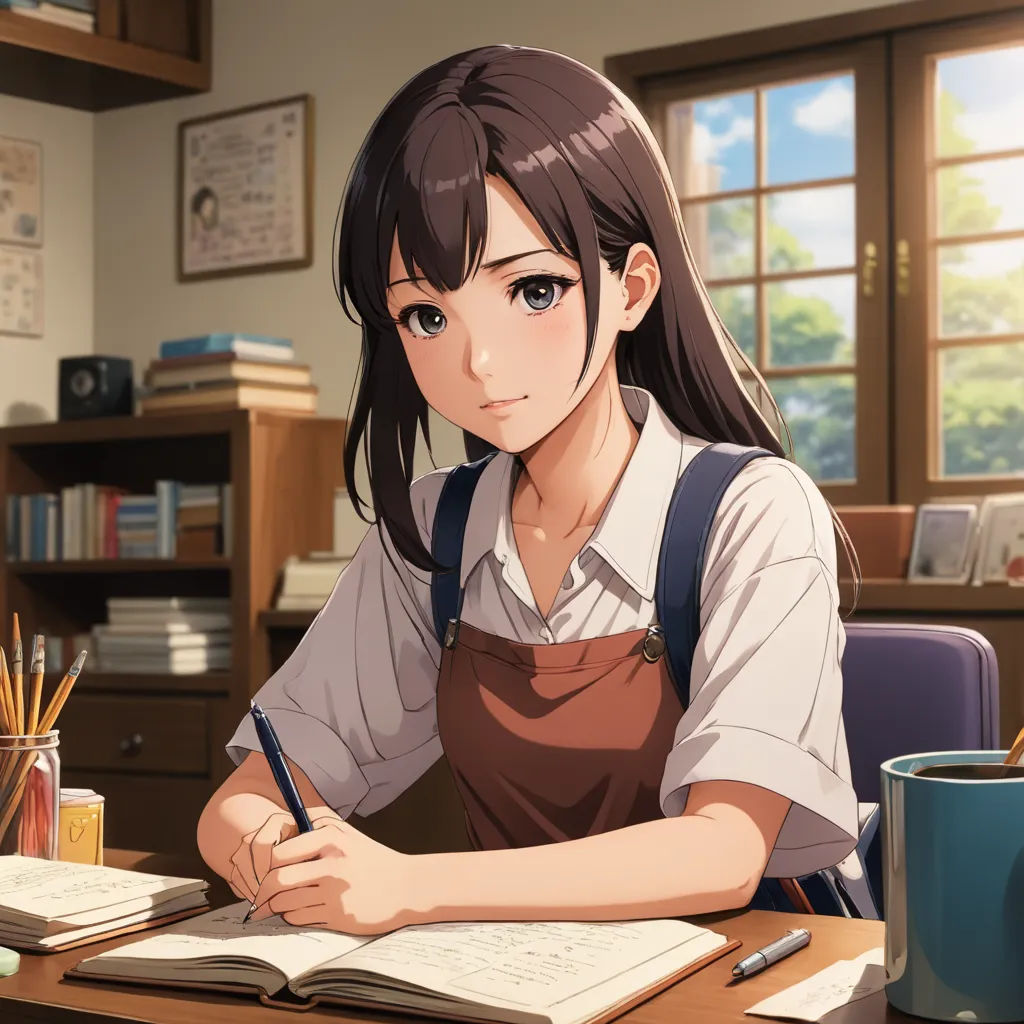a girl sitting at a desk with a book and pen in her hand and a cup of coffee in front of her, remodernism, a character portrait, Chizuko Yoshida, official art