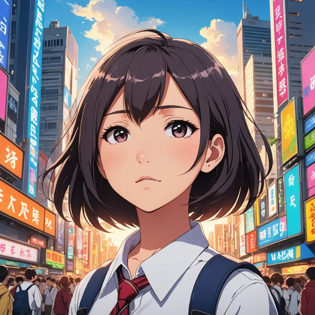 a woman in a school uniform standing in front of a cityscape with a lot of signs in the background, context art, poster art, Aya Goda, anime key visual