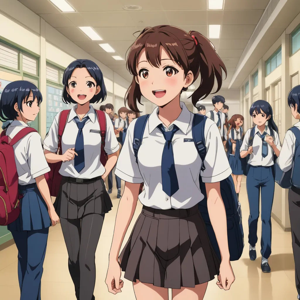 a group of young girls walking down a hallway in school uniforms and backpacks, with a man in the background, rayonism, concept art, Aya Goda, official art