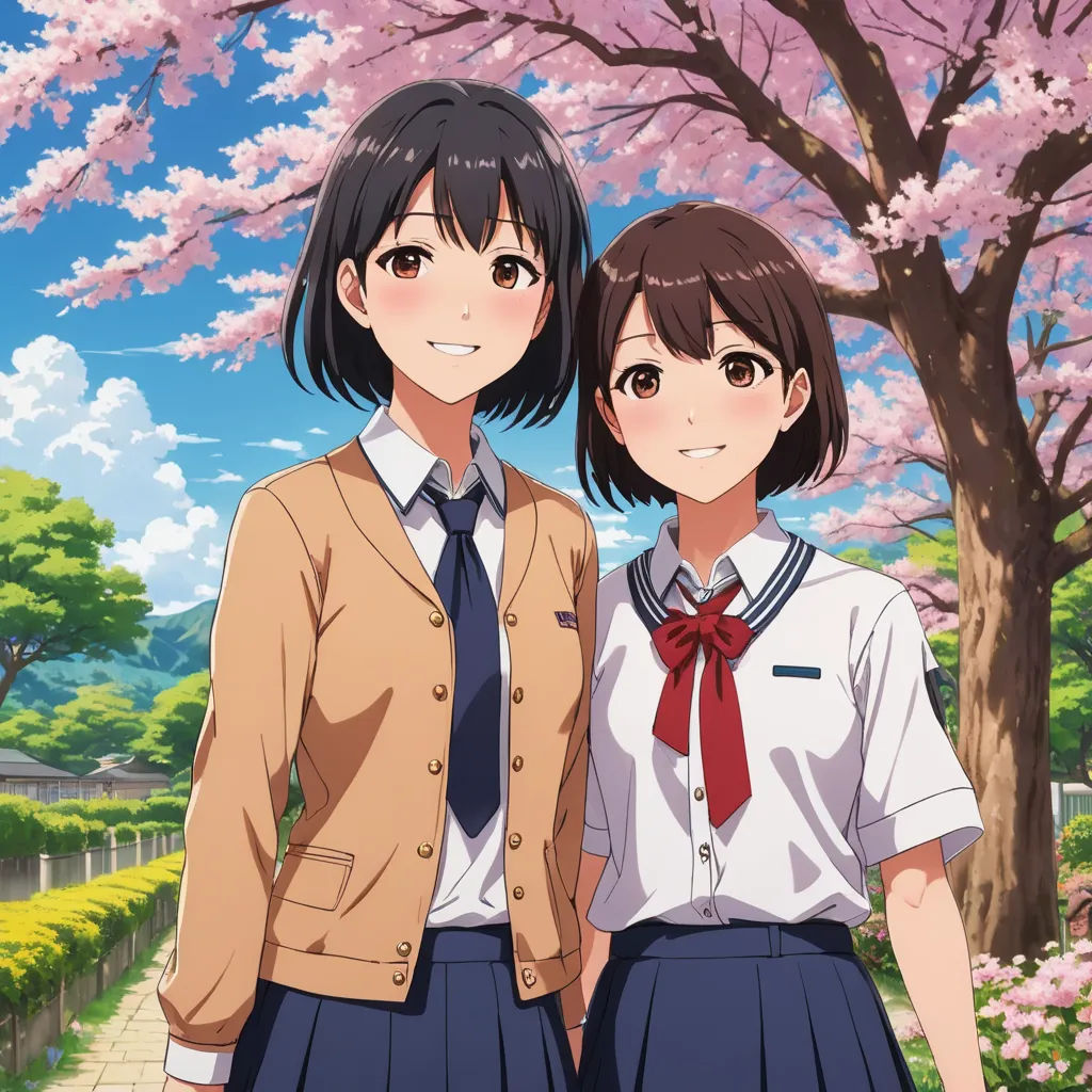 two young girls standing next to each other in front of a tree with pink flowers on it and a man in a suit, sots art, poster art, Ai-Mitsu, official art