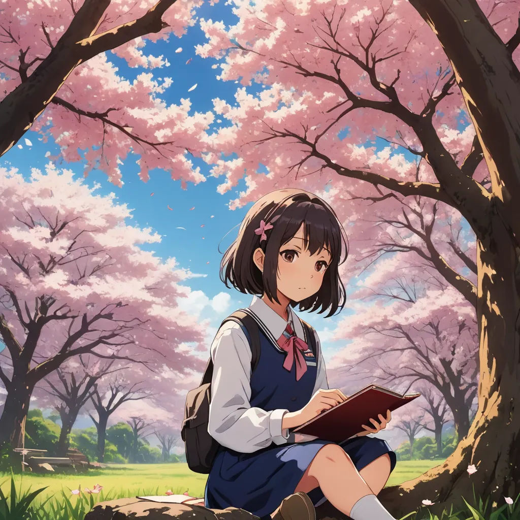a girl sitting on a rock reading a book in a park with cherry trees in the background and a blue sky with pink flowers, impressionism, a painting, Aguri Uchida, anime art