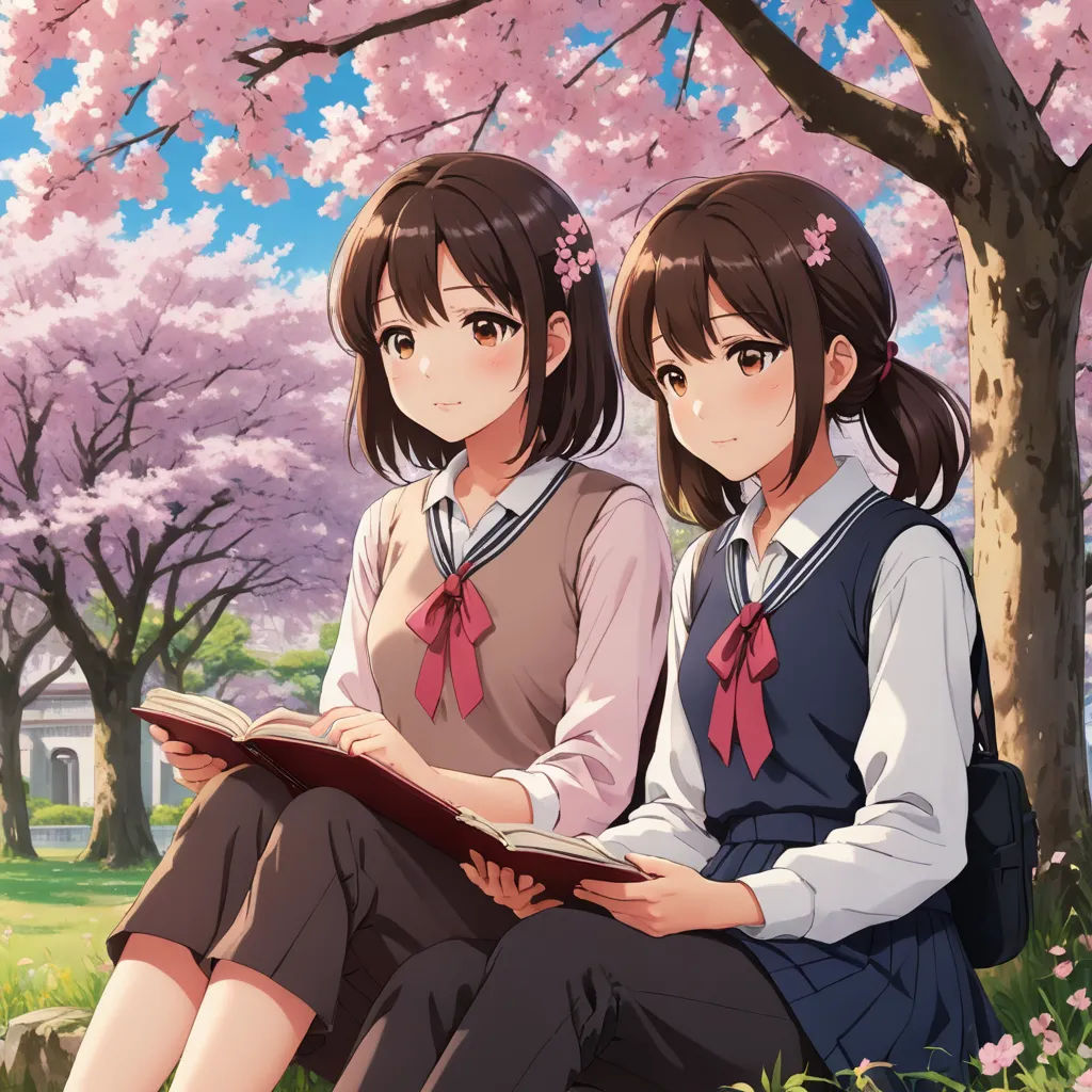 two girls sitting on a bench in front of a tree with pink flowers in the background and a building in the background, serial art, a detailed painting, Ai-Mitsu, official art
