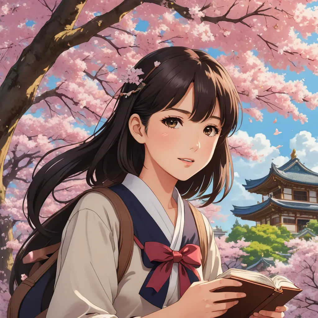 a woman in a kimono holding a book in front of a tree with pink flowers in bloom and a pagoda in the background, sots art, a detailed painting, Ai-Mitsu, official art