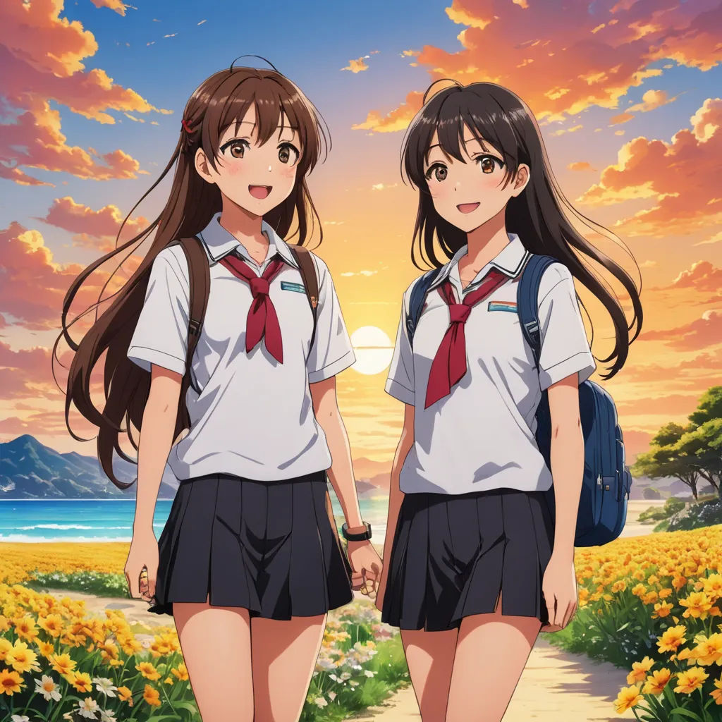 two girls in school uniforms walking down a path with flowers in the background and a sunset in the background, rayonism, poster art, Beeple, anime key visual