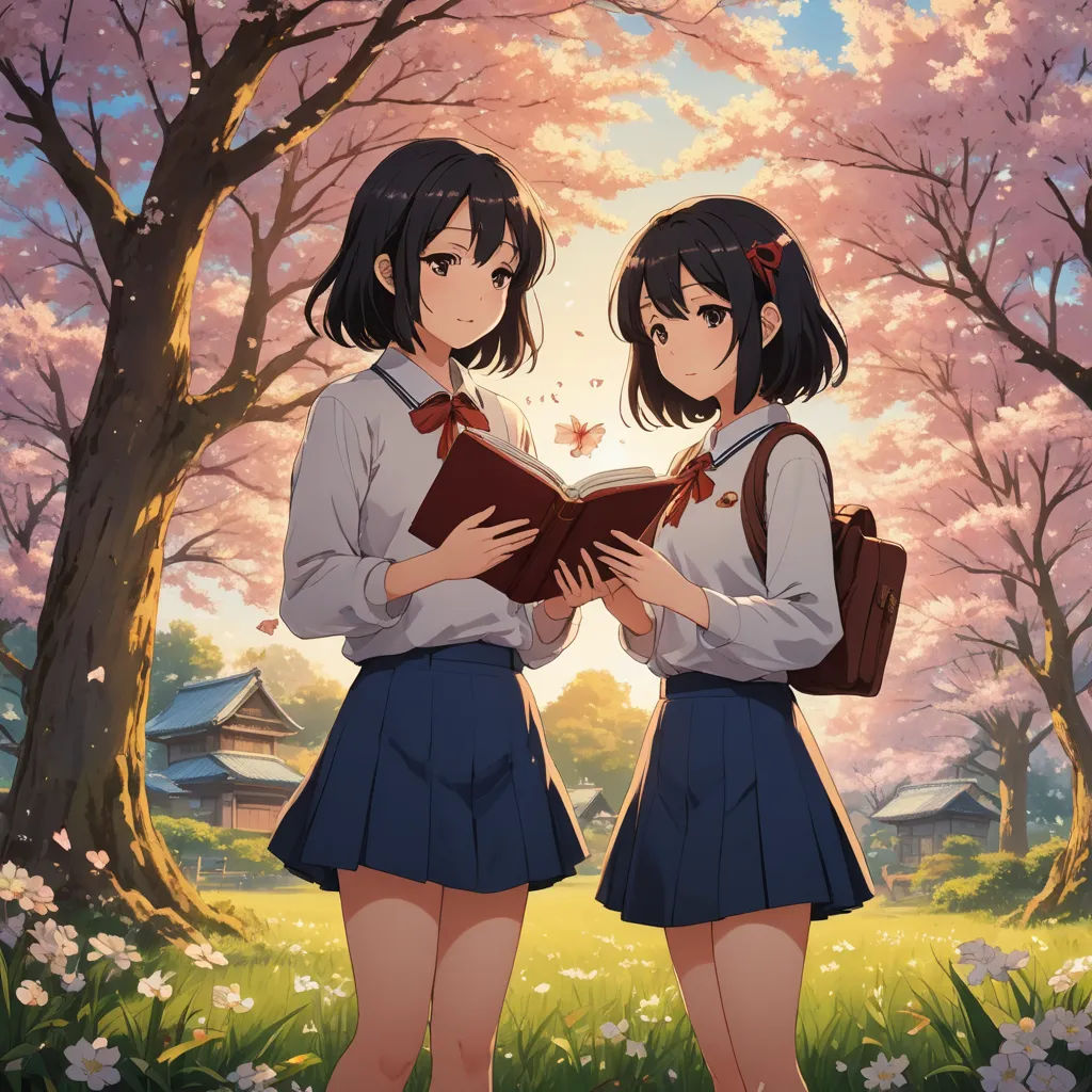 two girls standing in front of a tree with a book in their hands and a pink sky in the background, impressionism, a detailed painting, Artgerm, anime art
