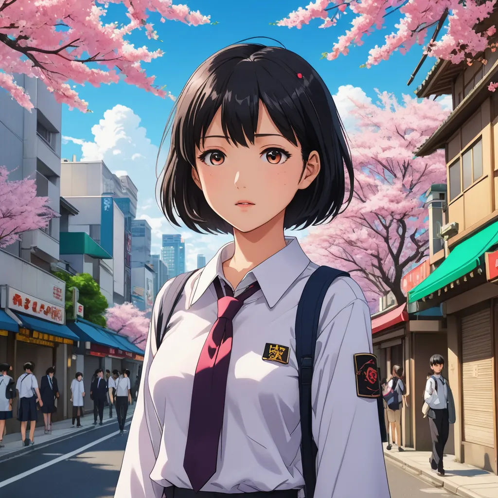 a woman in a tie standing on a street with cherry blossom trees in the background and a man in a suit and tie standing on the street, sots art, a character portrait, Ai-Mitsu, official art