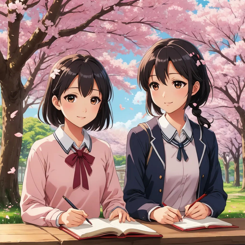 two girls sitting at a table with a book and pen in front of them, with cherry trees in the background, sots art, a painting, Ai-Mitsu, official art