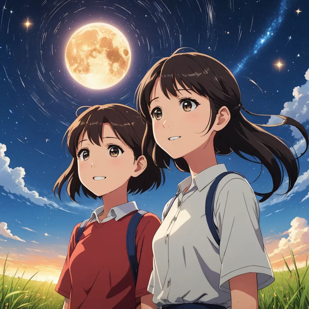 two young girls standing in a field under a full moon with stars in the sky above them, looking at the camera, rayonism, poster art, Ai-Mitsu, official art