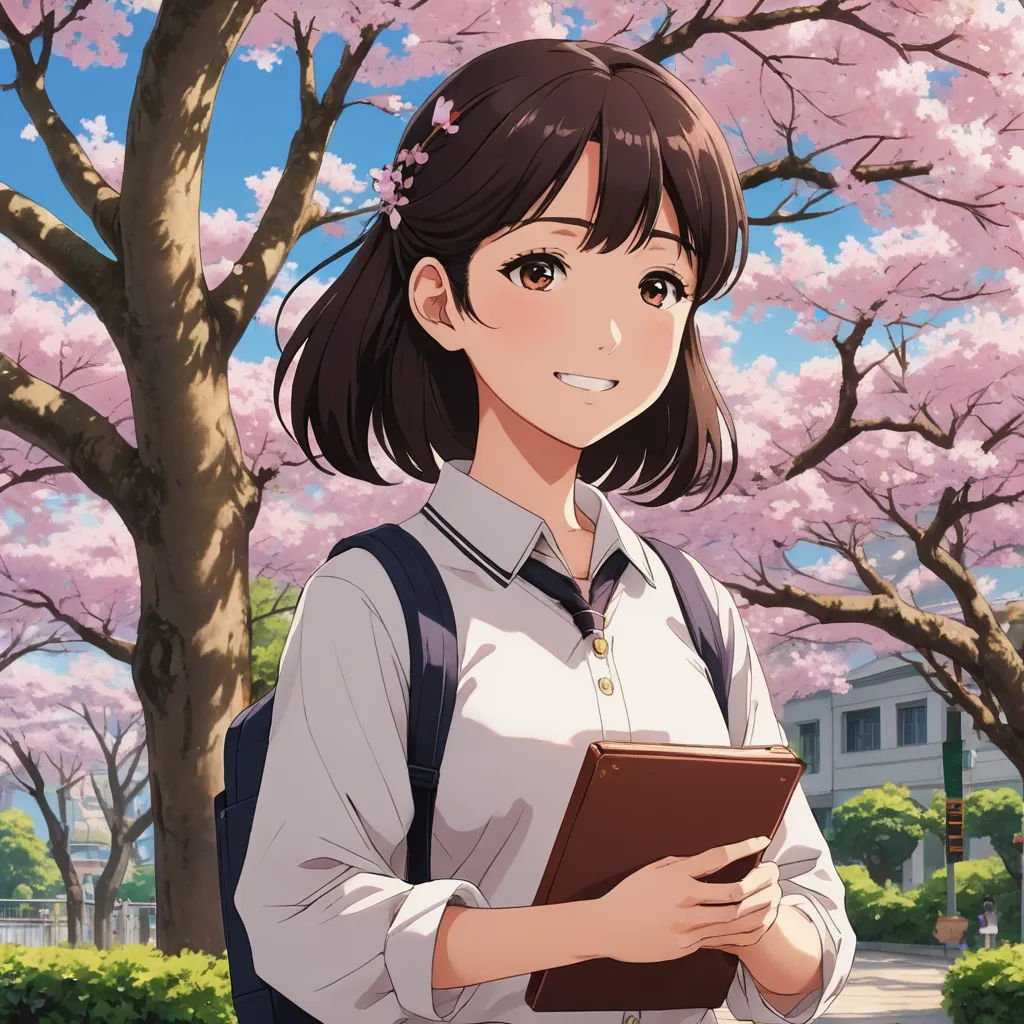 a girl standing in front of a tree with pink flowers on it's branches and holding a book, sots art, a character portrait, Ai-Mitsu, official art