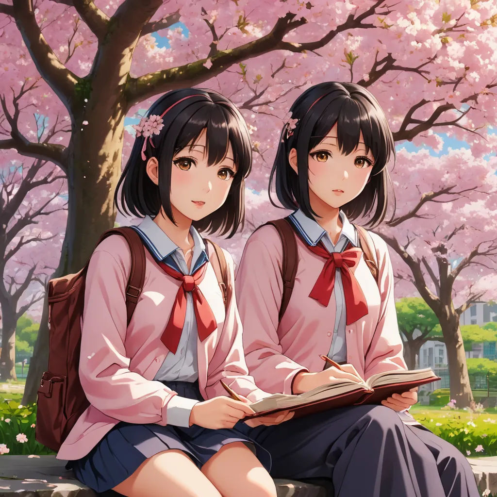 two girls sitting on a bench in front of a tree with pink flowers and a book in their hands, serial art, a detailed painting, Ai-Mitsu, official art