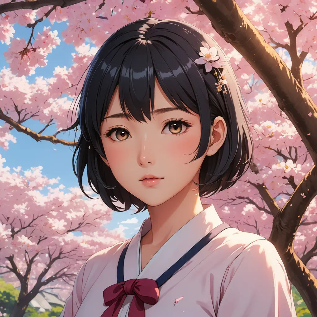 a girl in a white shirt and a cherry tree with pink flowers in the background and a blue sky, sots art, a detailed painting, Artgerm, anime art