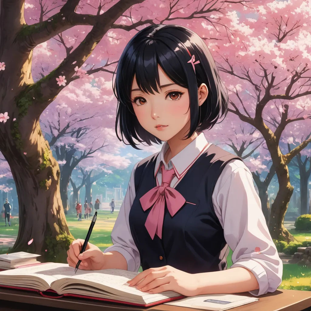 a girl sitting at a desk writing in a book with a cherry blossom tree in the background and a person standing in the background, academic art, a detailed painting, Artgerm, anime art