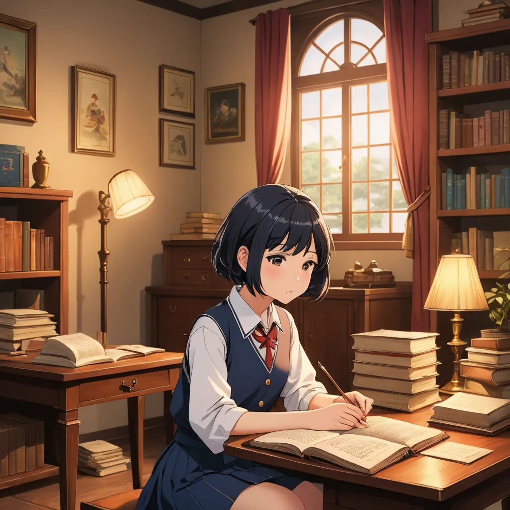 a girl sitting at a desk with a book and a pen in her hand and a book in front of her, remodernism, a painting, Ayako Rokkaku, official art