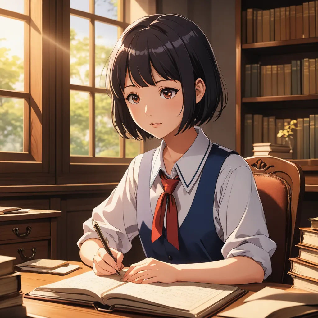 a girl sitting at a desk with a book and pen in her hand and a book in front of her, remodernism, a character portrait, Chizuko Yoshida, official art