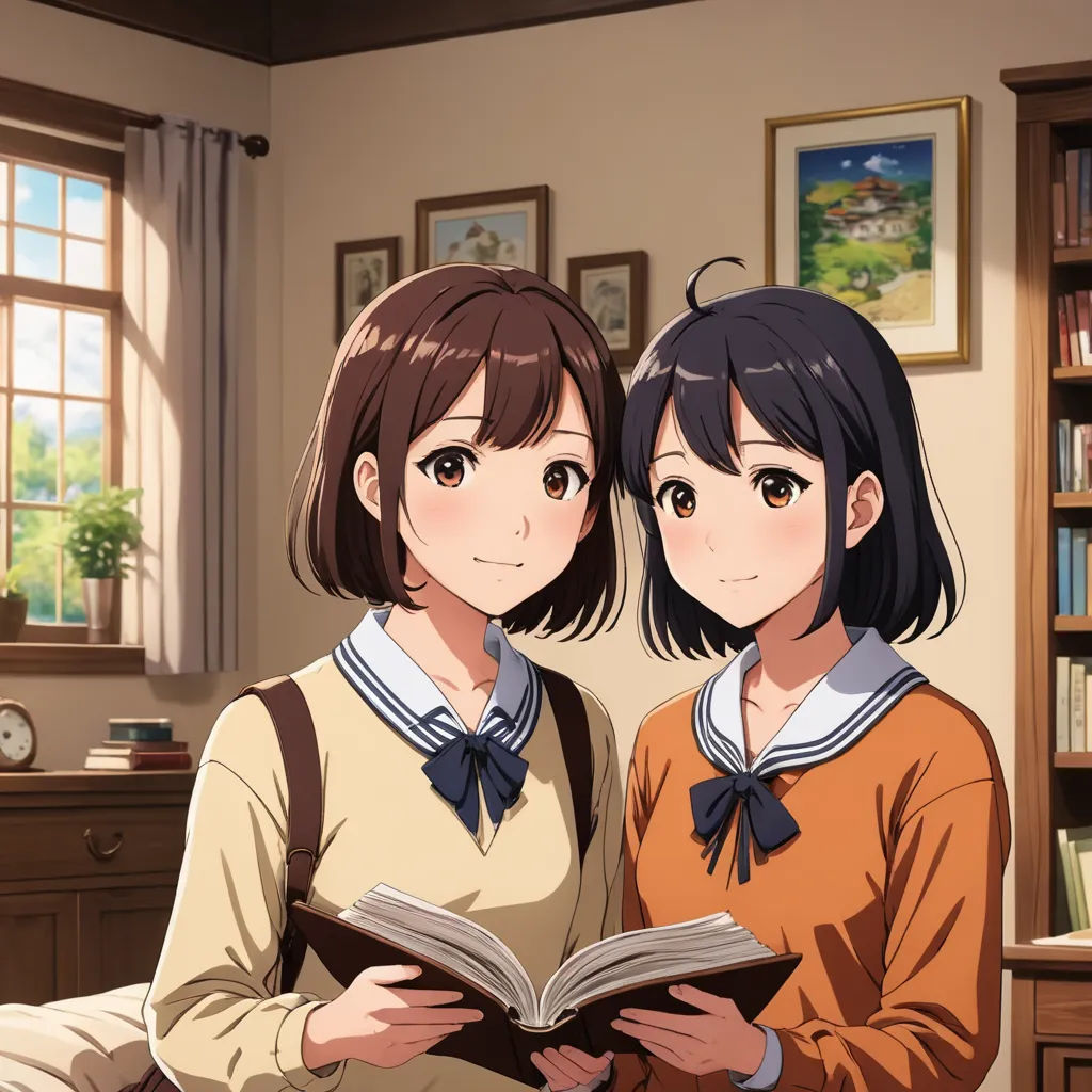 two anime girls are standing in a room reading a book together, with a window in the background and a bookcase in the foreground, serial art, a painting, Anne Said, official art