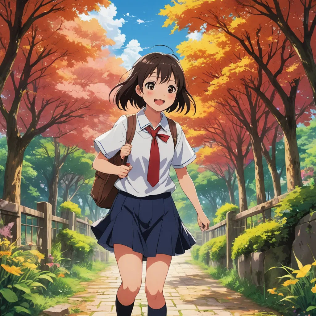 a girl in a school uniform walking down a path in the woods with trees and flowers behind her,, visual art, poster art, Ai-Mitsu, kyoto animation