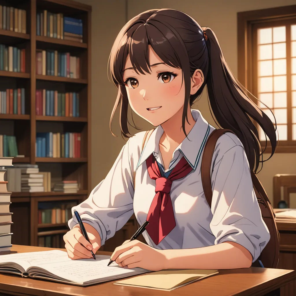 a girl sitting at a desk with a book and pen in her hand and a stack of books behind her, remodernism, a character portrait, Aguri Uchida, official art