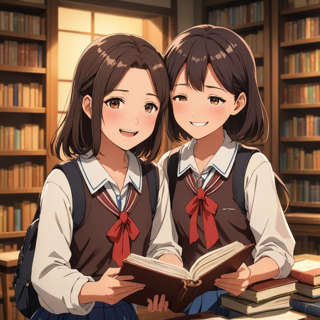 two girls sitting at a table with books in front of them and a bookcase behind them, both of them are wearing school uniforms, rayonism, a stock photo, Ay-O, official art