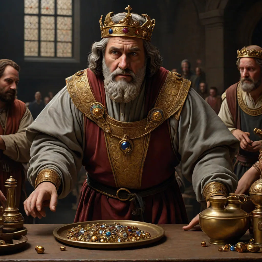 a man in a crown standing in front of a table with a gold plate and other items on it, Edward Otho Cresap Ord, II, letterism, a detailed matte painting, highly detailed digital painting