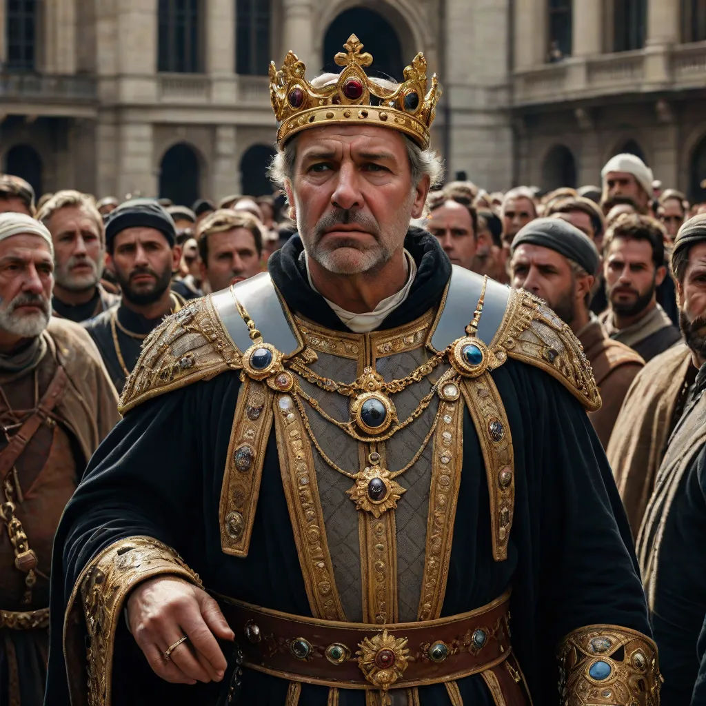 a man in a crown standing in front of a crowd of men in medieval clothing and holding a sword, Clovis Trouille, renaissance, a detailed matte painting, promotional image