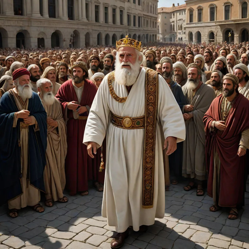 a man in a white robe and crown standing in front of a crowd of people in robes and robes, Dionisius, letterism, a detailed matte painting, promotional image