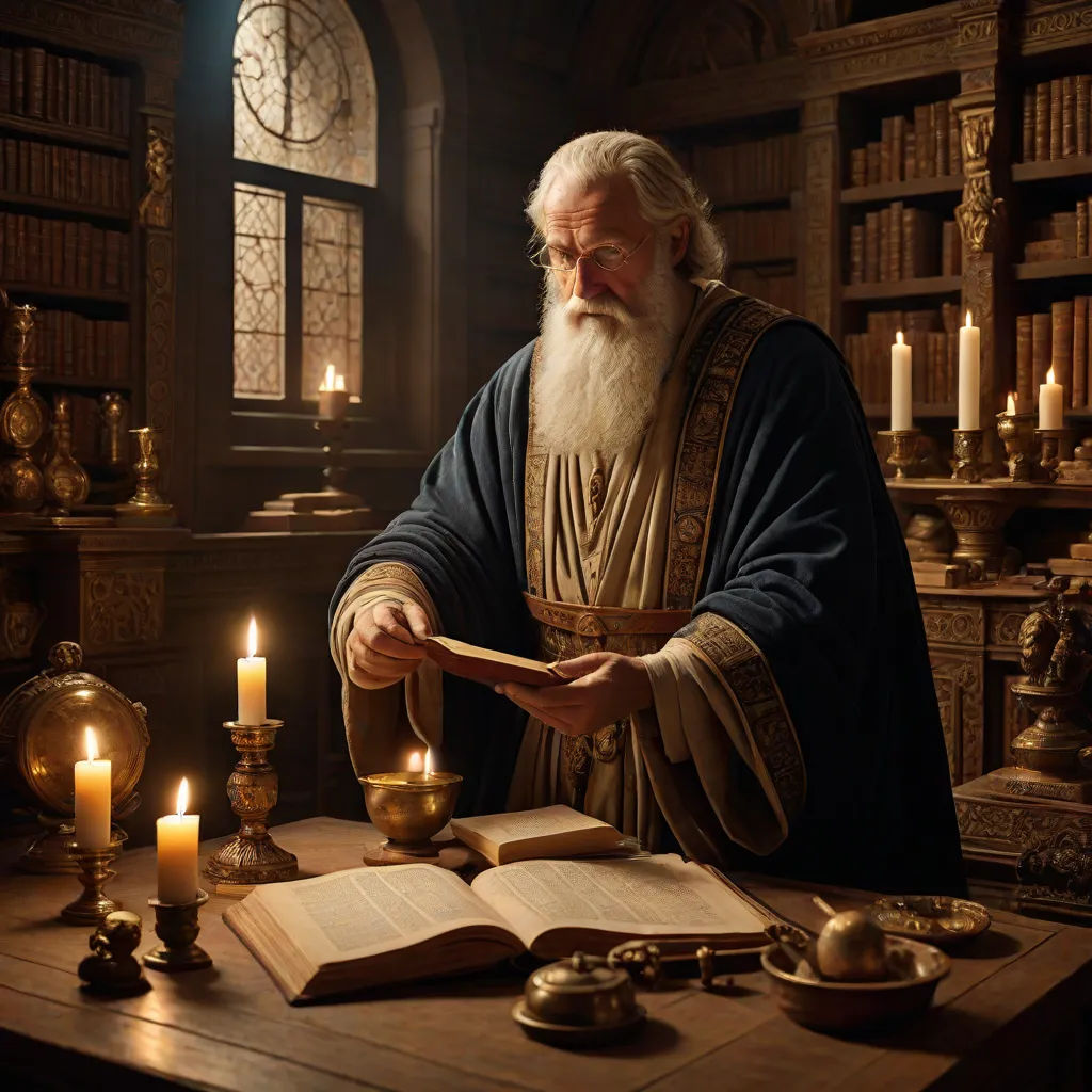 a man in a library with a book and a candle in his hand and a book open on a table, Dionisius, academic art, computer graphics, rembrandt lighting