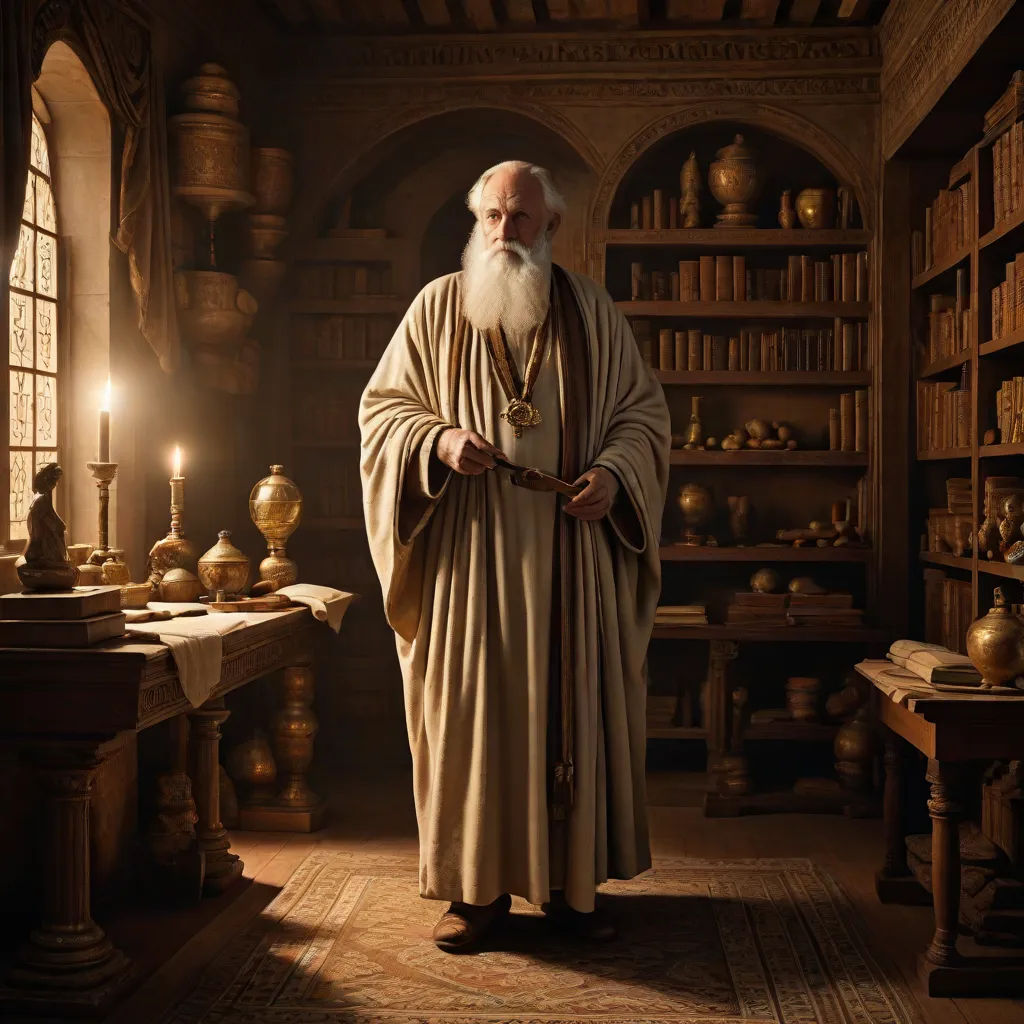 a man in a library with a long white beard and a long white beard wearing a robe and holding a cross, Artur Tarnowski, romanesque, a detailed matte painting, cinematic photography