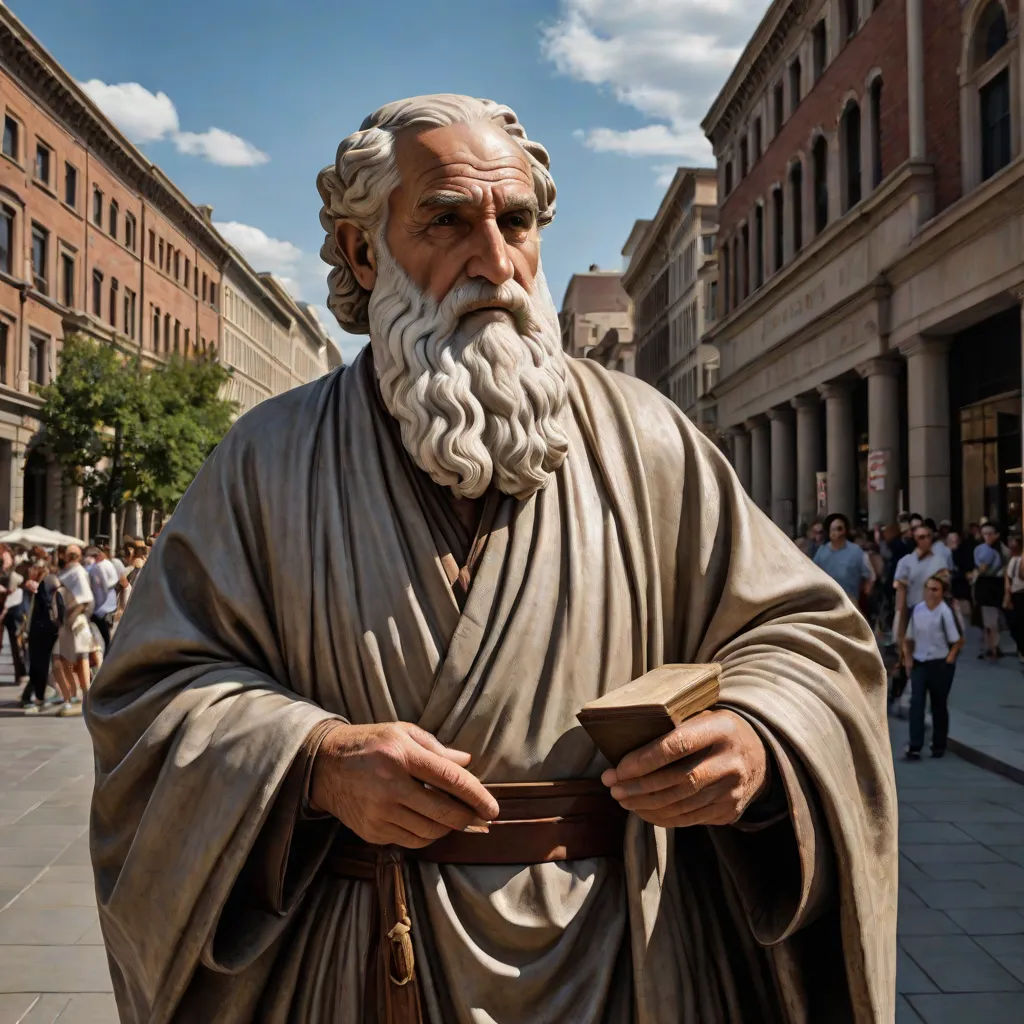 a statue of a man with a beard and a beard in a city square with people walking around and a building in the background, Dionisius, excessivism, a statue, path traced