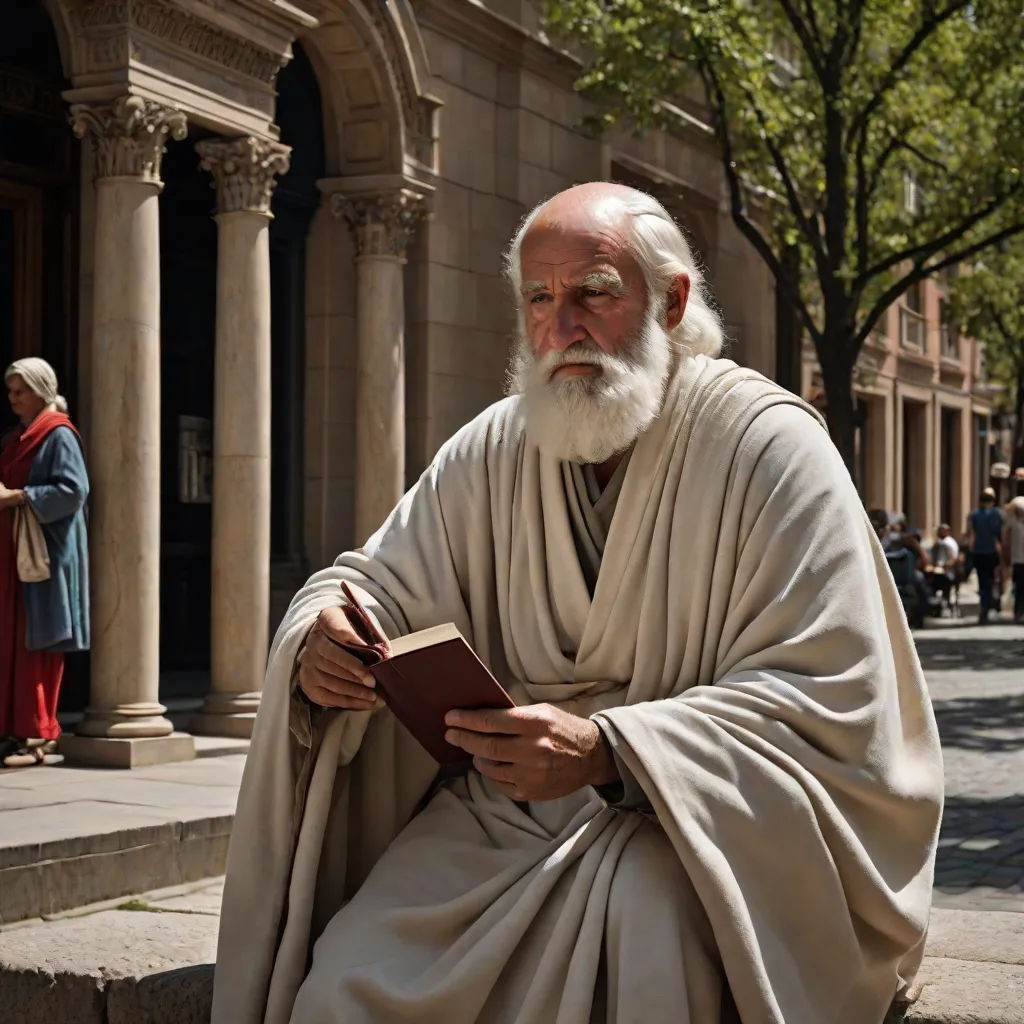 a man with a white beard and a white beard is sitting on a step reading a book in front of a building, Dionisius, romanesque, a character portrait, promotional image